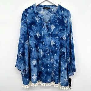 Calessa Tunic Top Shirt Size XL Long Bell Sleeve Fringe Coastal Cowgirl Boho New